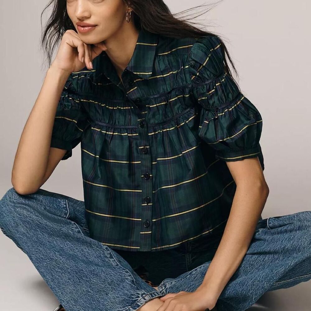 Maeve Anthropologie Leandra Taffeta Shirred Yoke Tartan Green Plaid Blouse XL